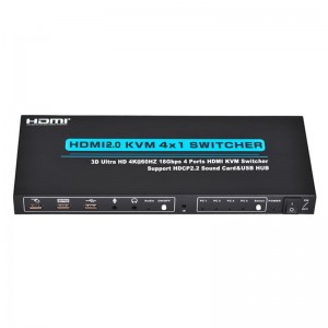 V2.0 HDMI KVM 4x1 Hỗ trợ chuyển đổi Ultra HD 4Kx2K @ 60Hz HDCP2.2 Thẻ âm thanh 18Gbps & Hub USB