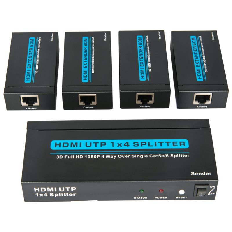 Bộ chia tín hiệu HDMI 4 cổng HDMI UTP 1x4 qua Cat5e \/ 6 Với 4 đầu thu lên đến 60m